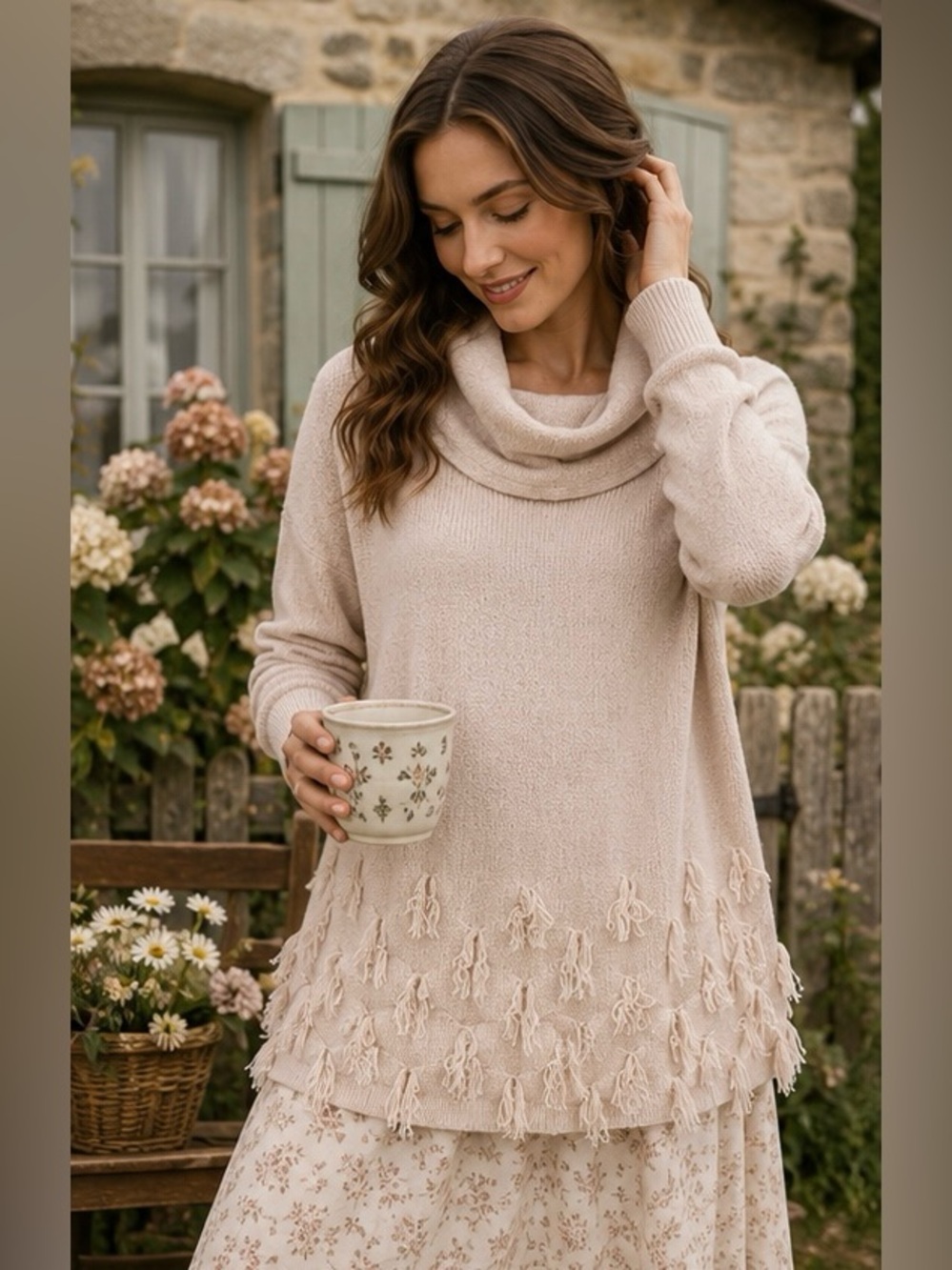 Harper Lane Blush Chenille Fringe Hem Cowl Neck Tunic Sweater Large
